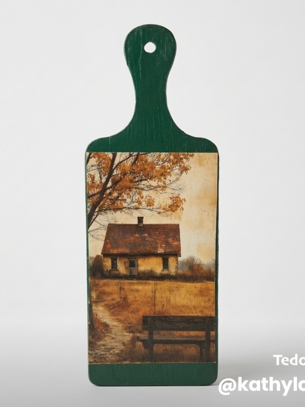 Decorative Green Cutting Board with Country Cottage Scene